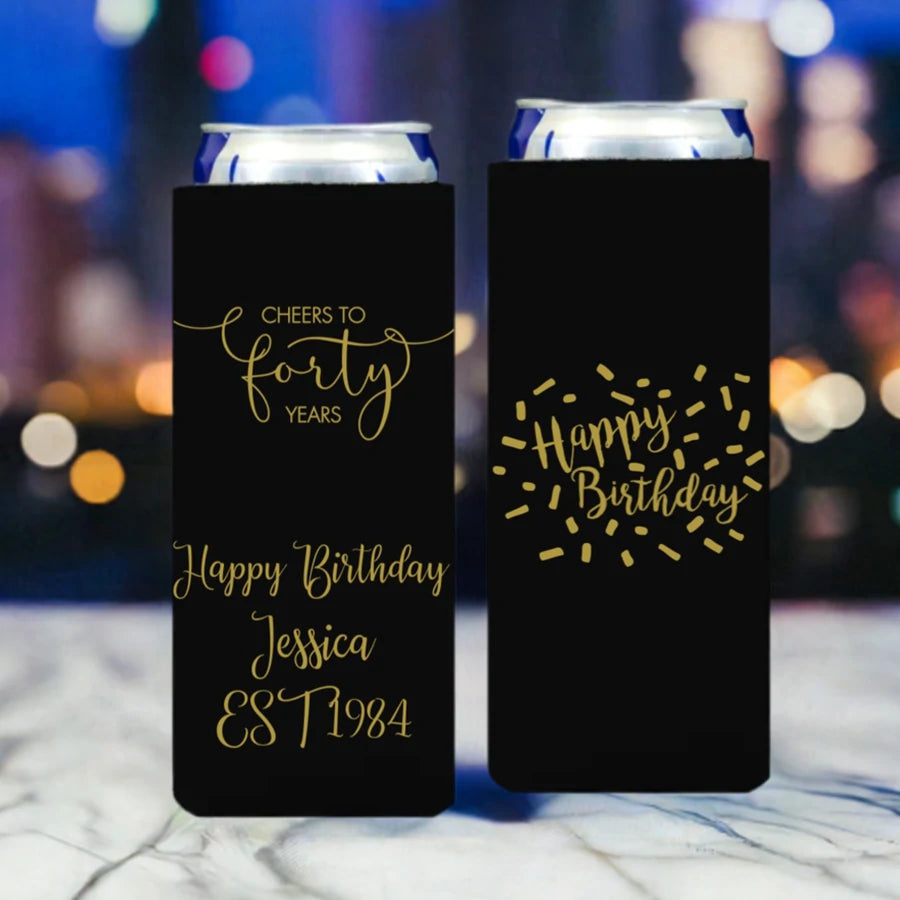Black slim can cooler sleeves personalized for 40th birthday with cheers to forty years design and text on front side and happy birthday confetti on back side in gold print
