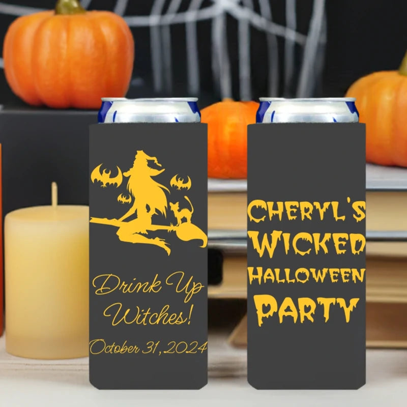 Tippytoad Halloween slim can cooler sleeves gray pair with yellow witch bats and custom Halloween party text