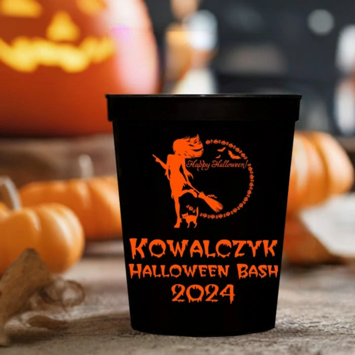 Tippytoad personalized halloween stadium cups black cup with orange witch design and Kowalczyk Halloween Bash 2024