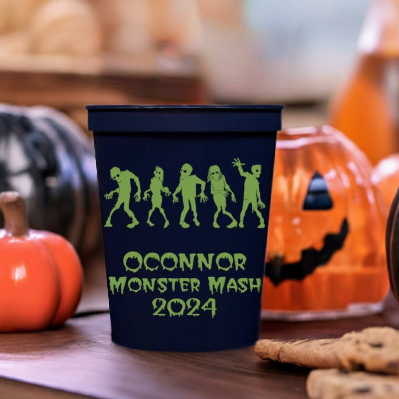 Tippytoad personalized halloween stadium cups navy cup with green zombie silhouettes and OCONNOR Monster Mash 2024