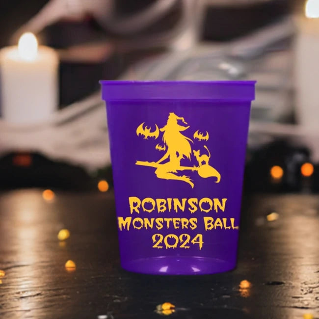 Purple Tippytoad personalized halloween stadium cups with yellow witch bats Robinson Monsters Ball 2024
