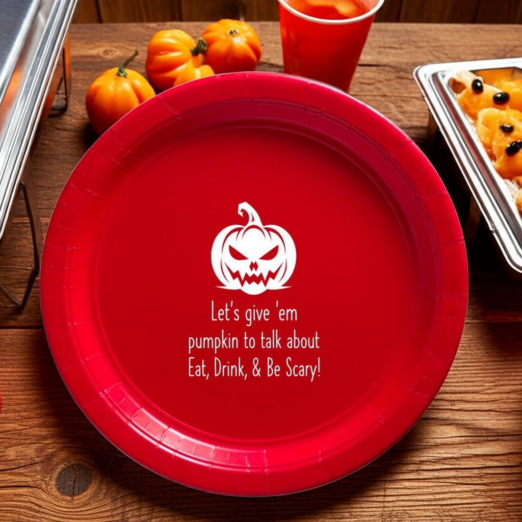 Tippytoad red round custom printed paper Halloween dinner plates with white jack o lantern design and spooky text