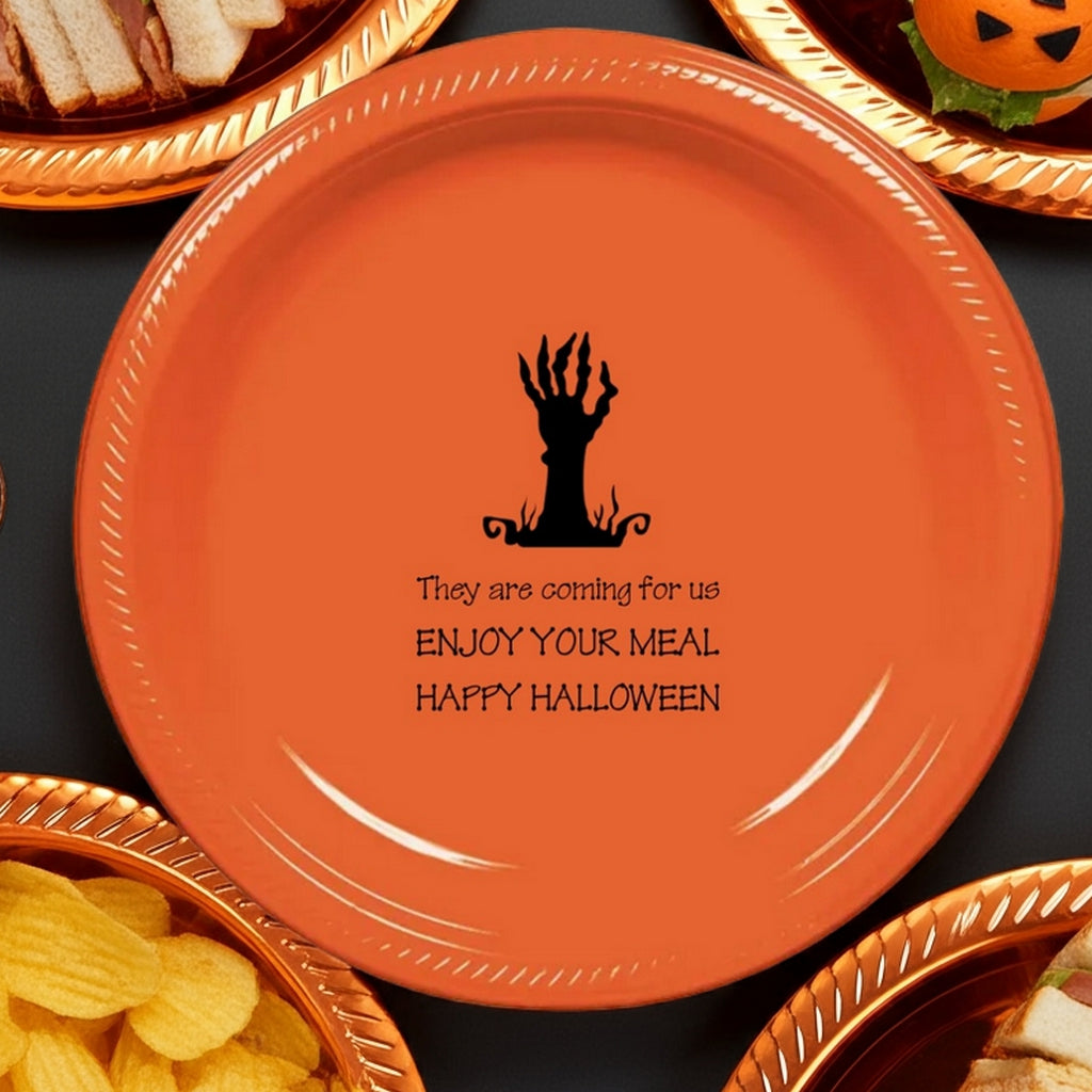 Tippytoad personalized plastic Halloween appetizer and dessert plates orange plate with black zombie hand and Halloween message