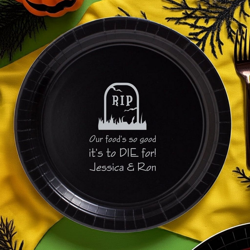 Tippytoad custom printed paper Halloween dinner plates black plate with RIP tombstone and personalized Jessica and Ron text