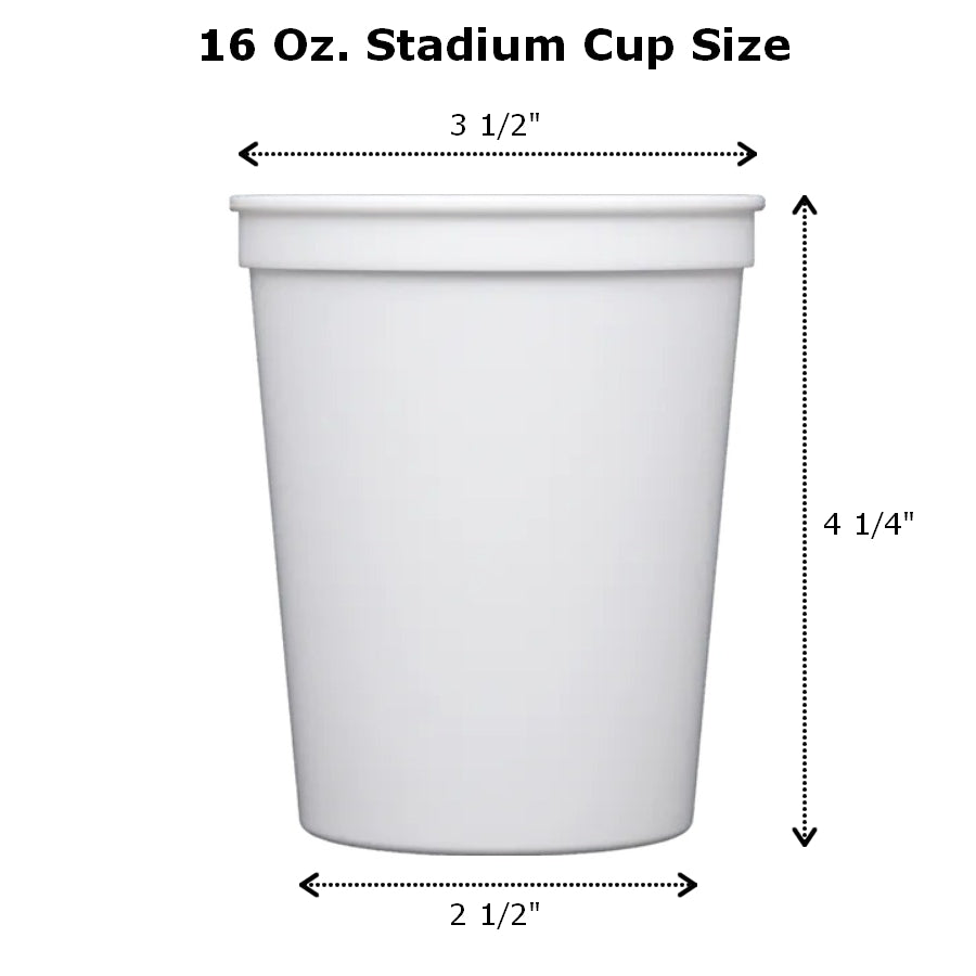 16 Oz plastic stadium cups measure 3 1/2 inches wide at the top by 4 1/4 inches tall by 2 1/2 inches at the base