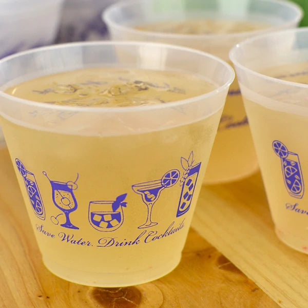 9 oz clear frosted tumber cups personalized with cocktails design and custom text in purple print for wine, whiskey and mixed drinks