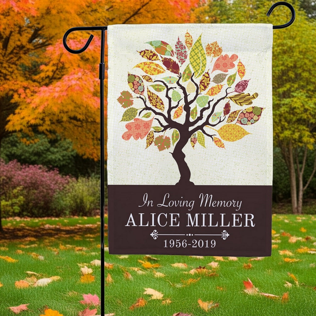 Tapestry Tree In Loving Memory personalized garden flag with fall leaves design