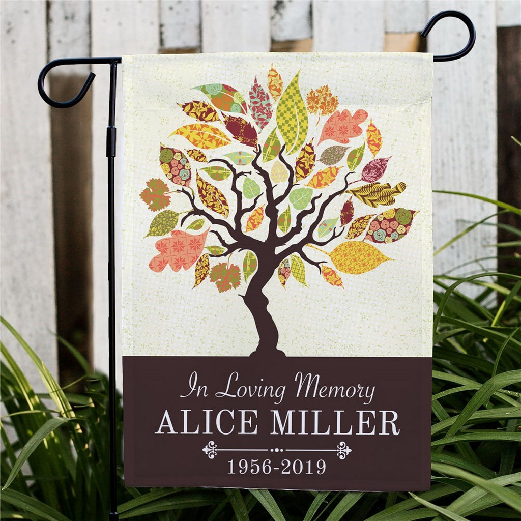 Tapestry Tree In Loving Memory personalized garden flag with autumn leaves and memorial text
