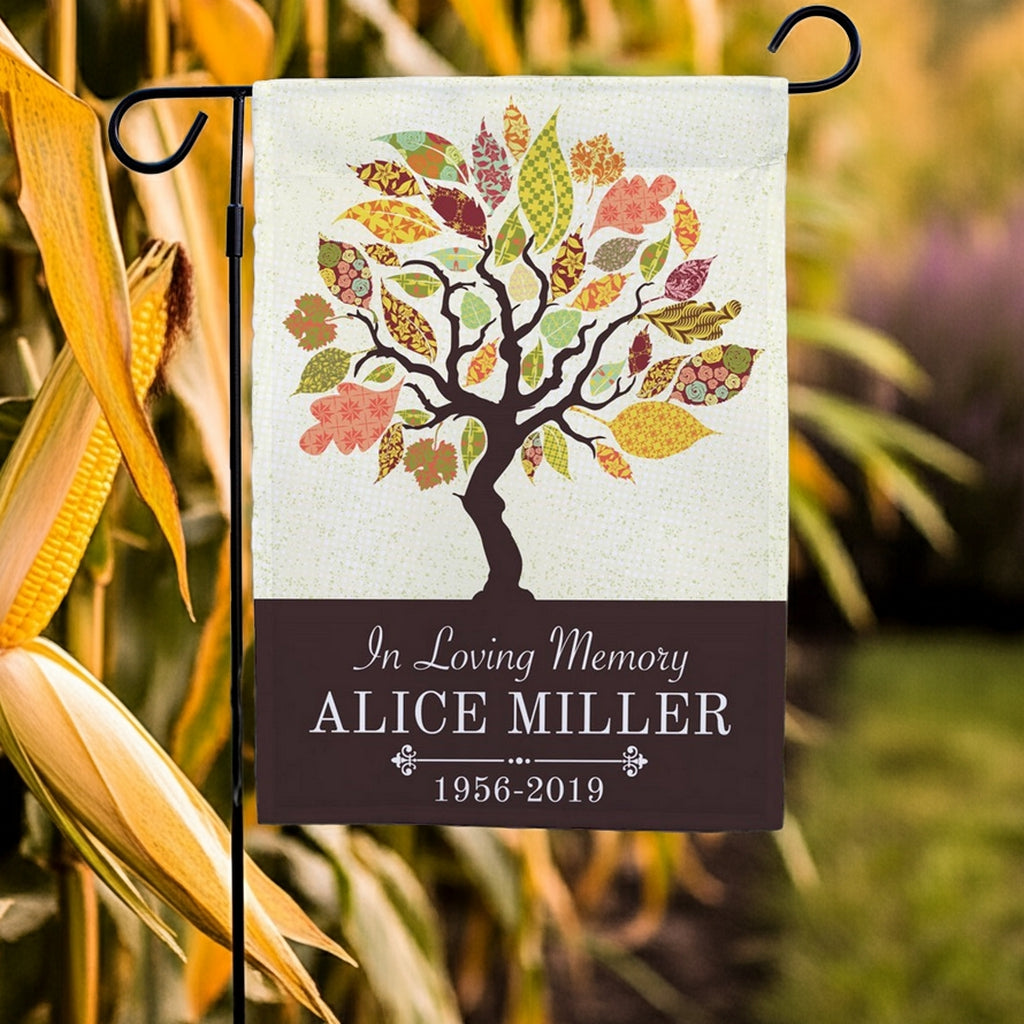 Tapestry Tree In Loving Memory personalized garden flag with autumn leaves and custom name