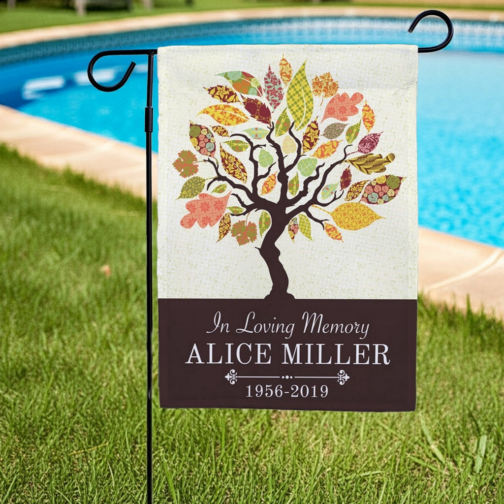 Tapestry Tree In Loving Memory personalized garden flag with colorful leaves and custom name details