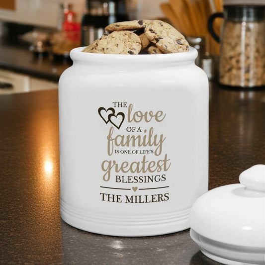 The Love of Family personalized cookie jar filled with chocolate chip cookies