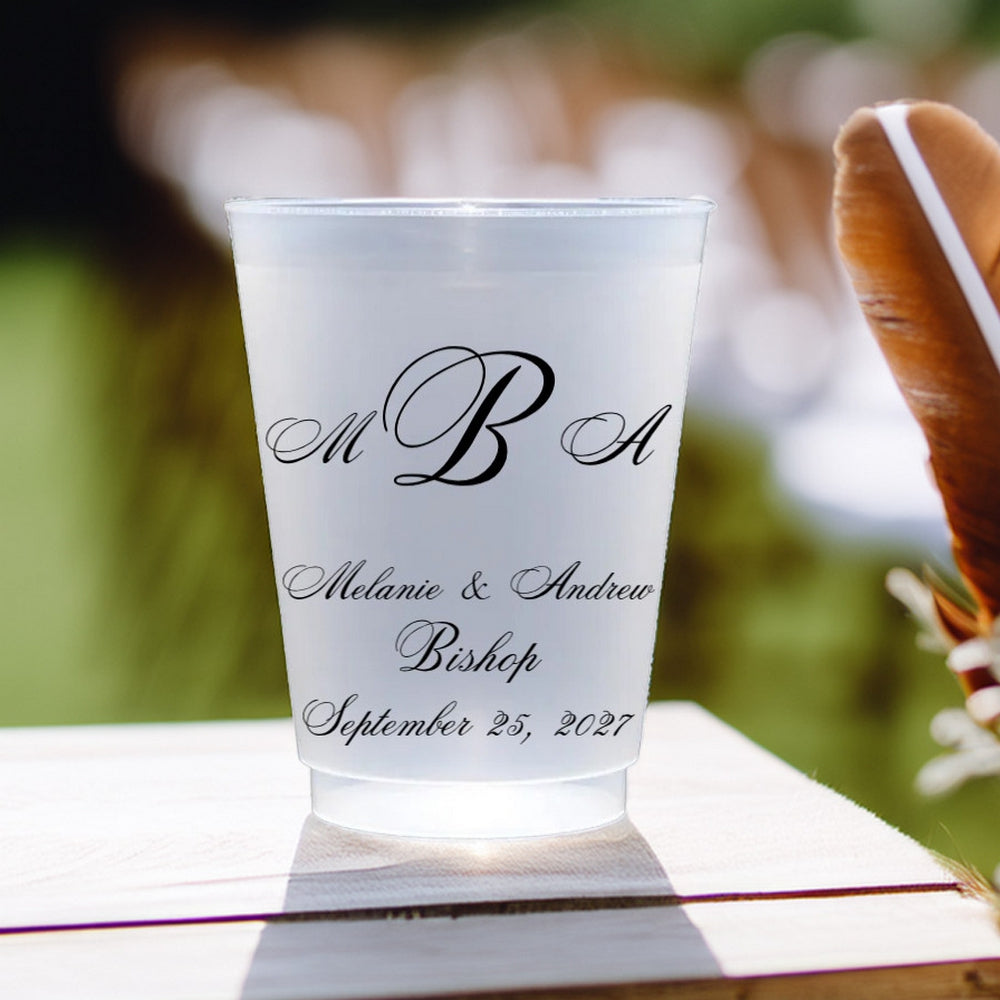 Traditional 3-Letter Monogram 16 Oz Frosted Wedding Cups personalized with names and wedding date