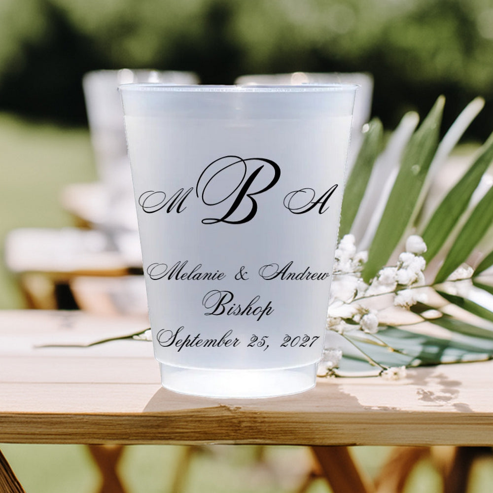 Traditional 3-Letter Monogram 16 Oz Frosted Wedding Cups with custom names and date by Tippytoad