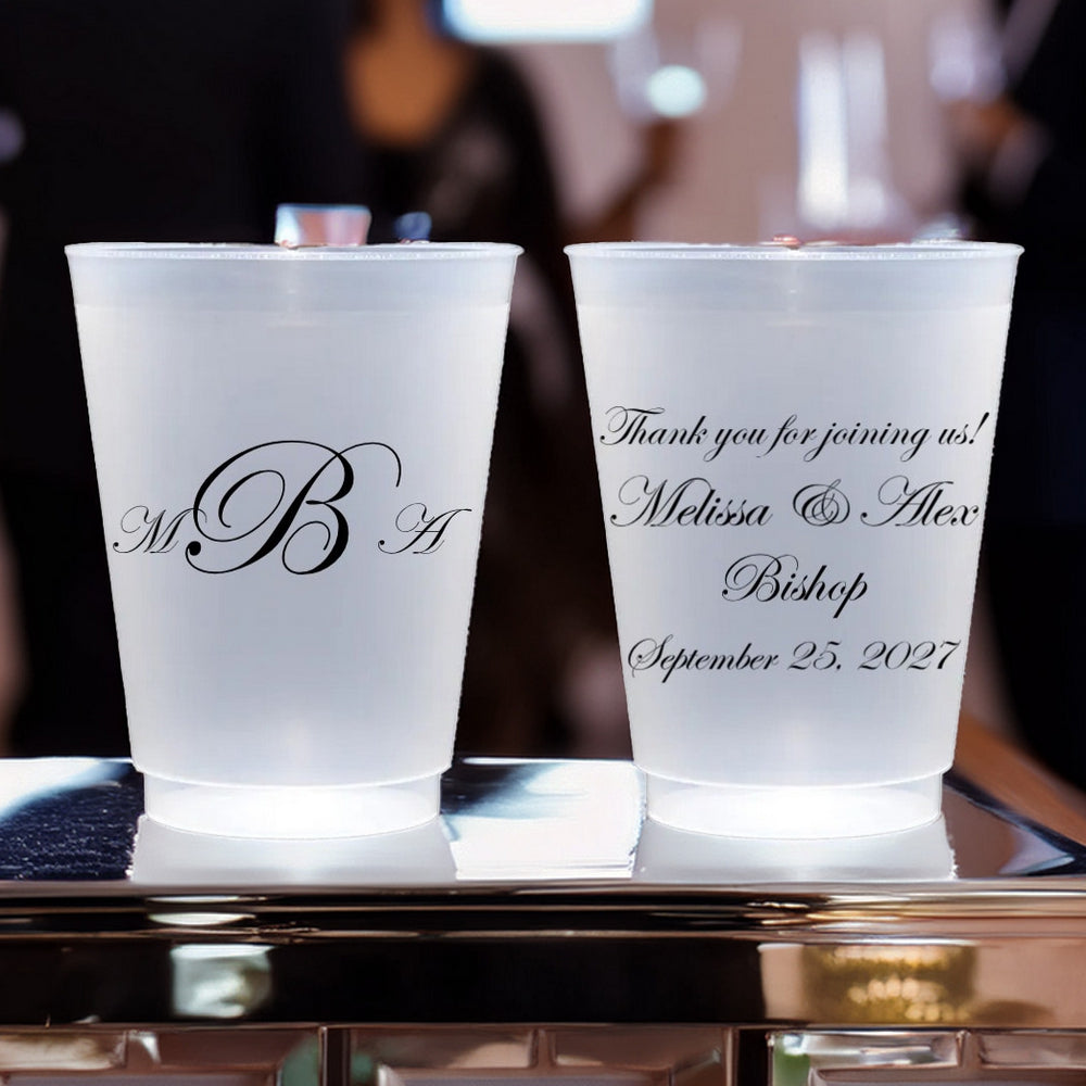 Traditional 3-Letter Monogram 16 Oz Frosted Wedding Cups with elegant black script design by Tippytoad