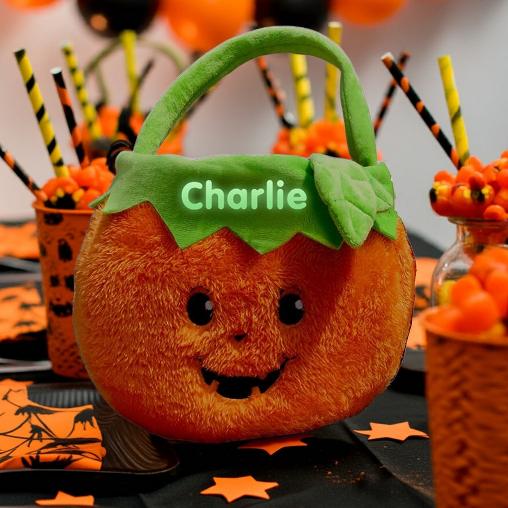 Glow In The Dark Fuzzy Boy Pumpkin Personalized Trick Or Treat Basket