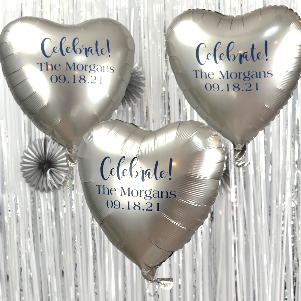 Silver heart shape mylar balloons personalized for wedding with celebrate design and custom text in navy print