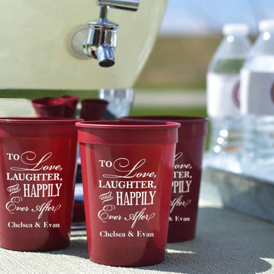 Maroon 12 oz. wedding drink cups personalized with happily ever after design and bride and groom names in white print