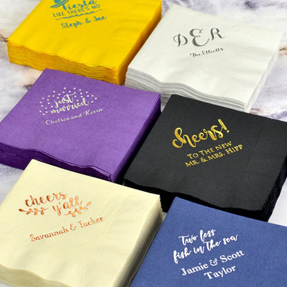 wedding cocktail napkins personalized shown in multiple napkin color print color and design options from tippytoad.com