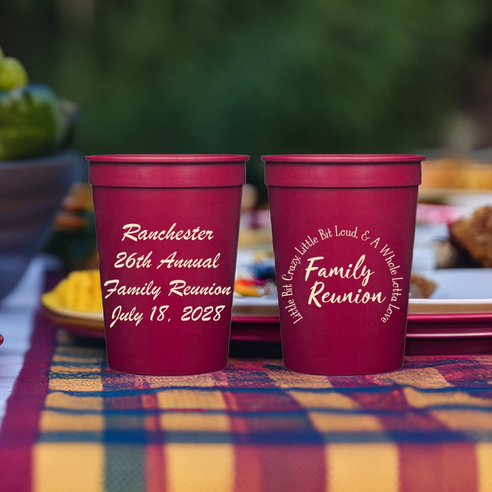 2 Maroon stadium cups personalize in ivory print with four lines of script text and a family reunion design