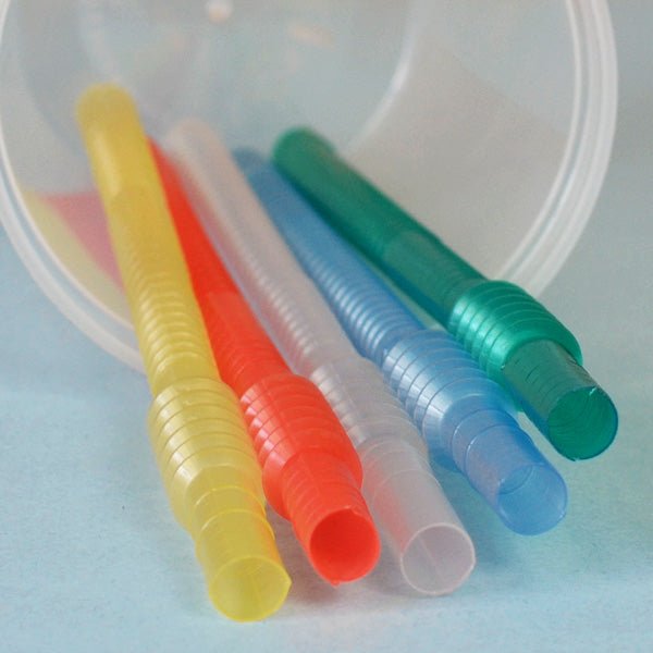 7 Inch long reusable plastic bendy straws for 12 to 16 ounce stadium cups available in natural, red, yellow, green and blue color options