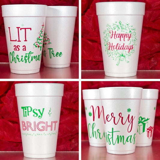 Pre-printed 16 oz. foam Christmas holiday theme party cups