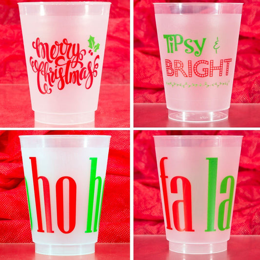 Pre-printed Christmas theme reusable 16 ounce frosted cocktail party cups