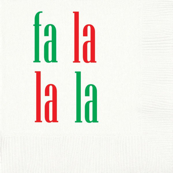 fa la la la pre-printed holiday party cocktail, appetizer and dessert napkins