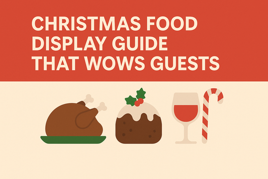 Christmas food display guide featuring a turkey, pudding, wine, and candy cane for festive gatherings