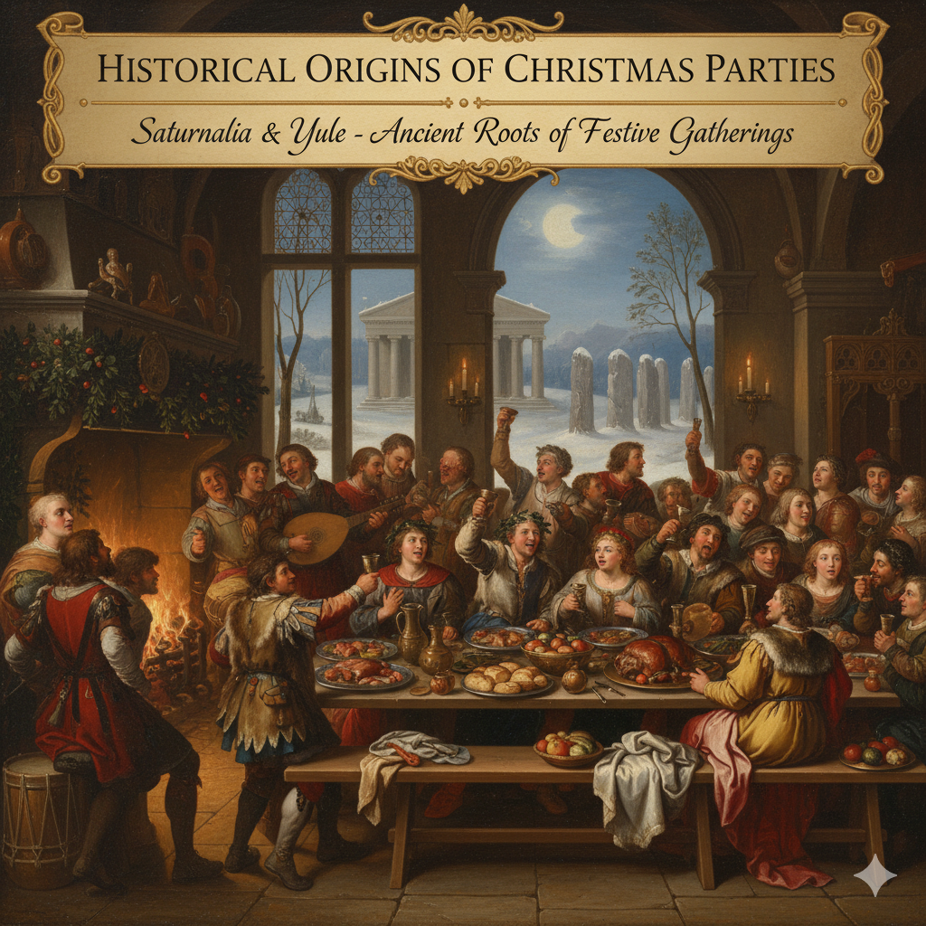Historical depiction of Christmas party origins featuring festive gatherings and traditional food