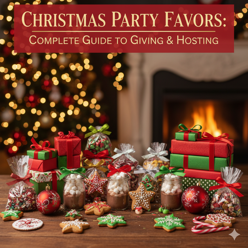 Colorful display of Christmas party favors including treats and gifts by a festive fireplace