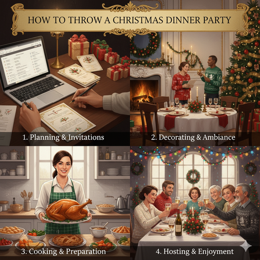 Steps to plan a Christmas dinner party including invitations, decoration, cooking, and hosting