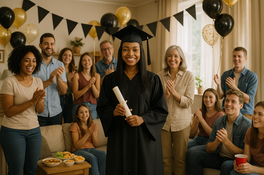 A joyful graduation party at home with friends and family celebrating a new graduate holding a diploma
