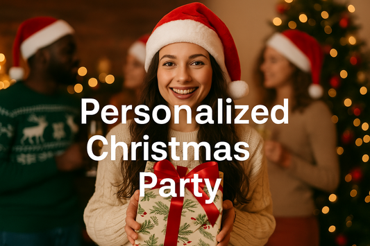 Smiling woman holding a gift at a personalized Christmas party with friends in festive attire