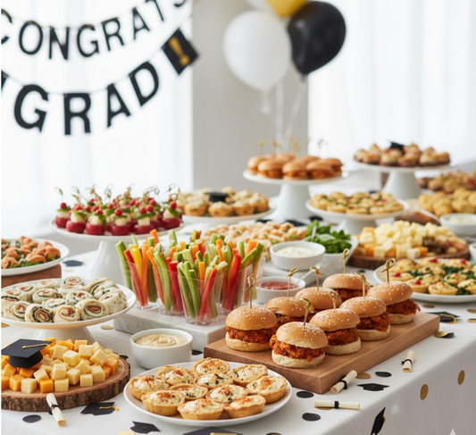 A vibrant spread of graduation party appetizers, including sliders, veggies, and festive treats on a decorated table