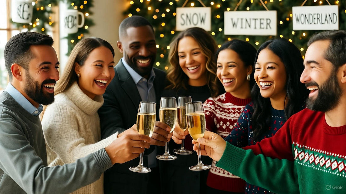 Friends celebrating a winter holiday party with toasting champagne in a decorated winter wonderland setting