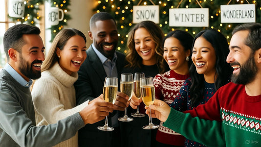 Friends celebrating a winter holiday party with toasting champagne in a decorated winter wonderland setting