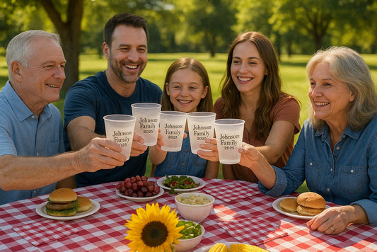 A family holding up their personalized cups around a family reunion picnic table
