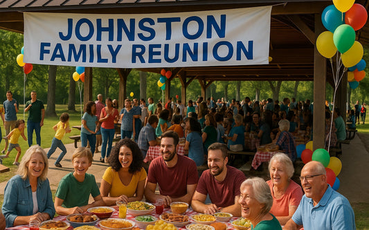 A large gathering of people under and around an outdoor pavilion for a family reunion picnic