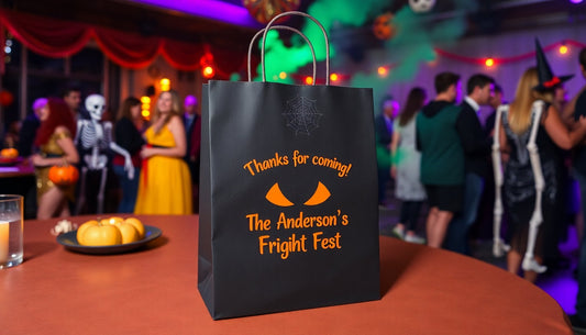 A black Halloween gift bag personalized with custom print sitting on a Halloween party table