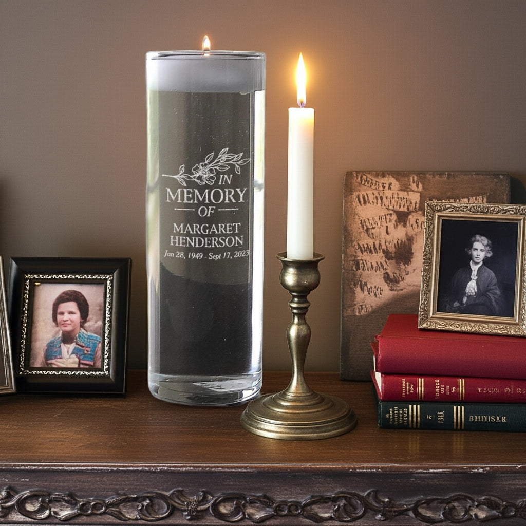 Memorial candles with personalized glass candle holder alongside framed photos and a lit taper candle on wooden surface