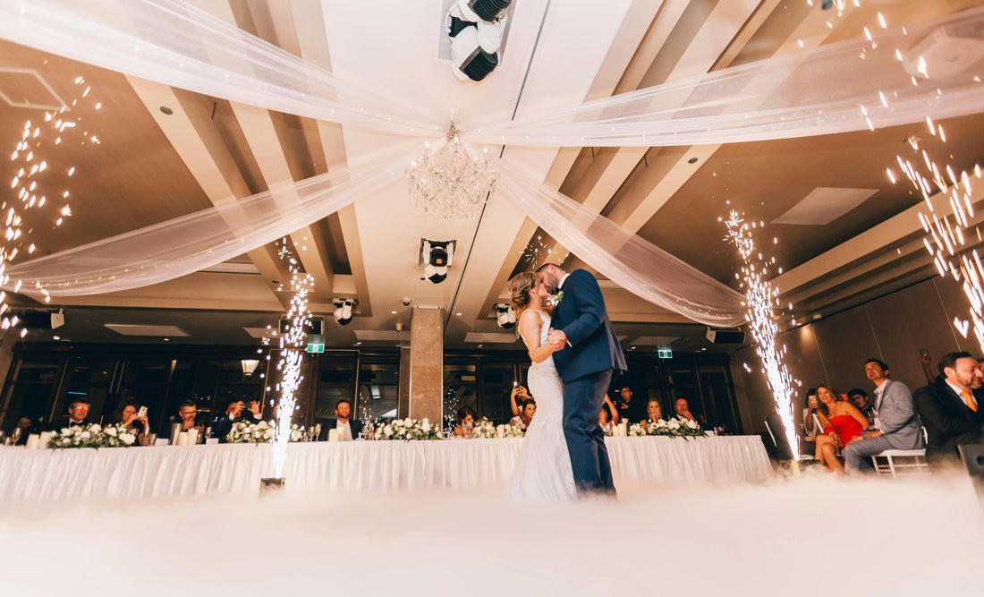 Bride and groom dancing on wedding reception dance floor