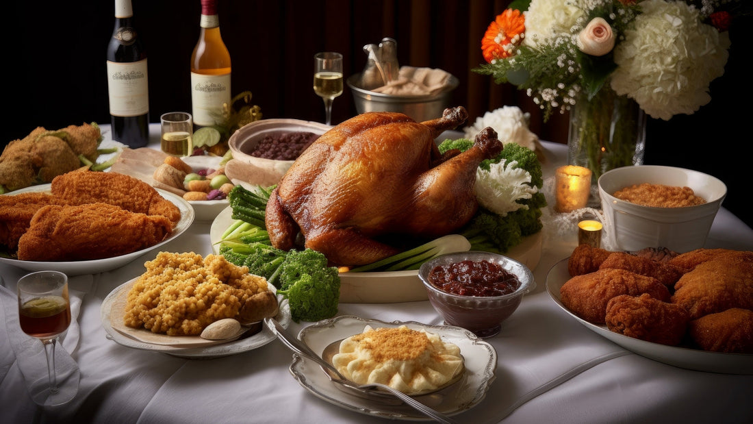 A beautifully arranged Thanksgiving feast featuring turkey, sides, and desserts on a festive table