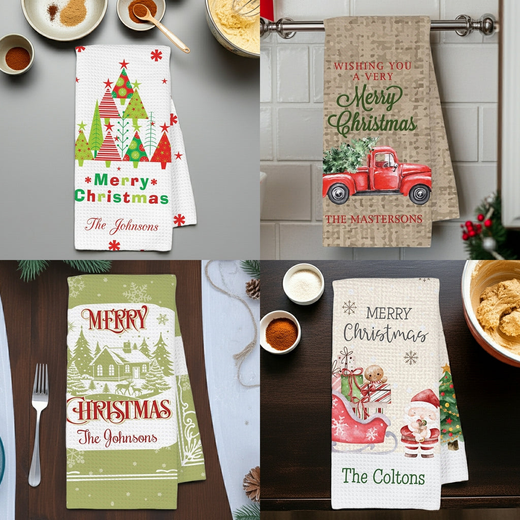 Personalized Christmas dish towel hanging on a towel hanger in front of kitchen cabinet