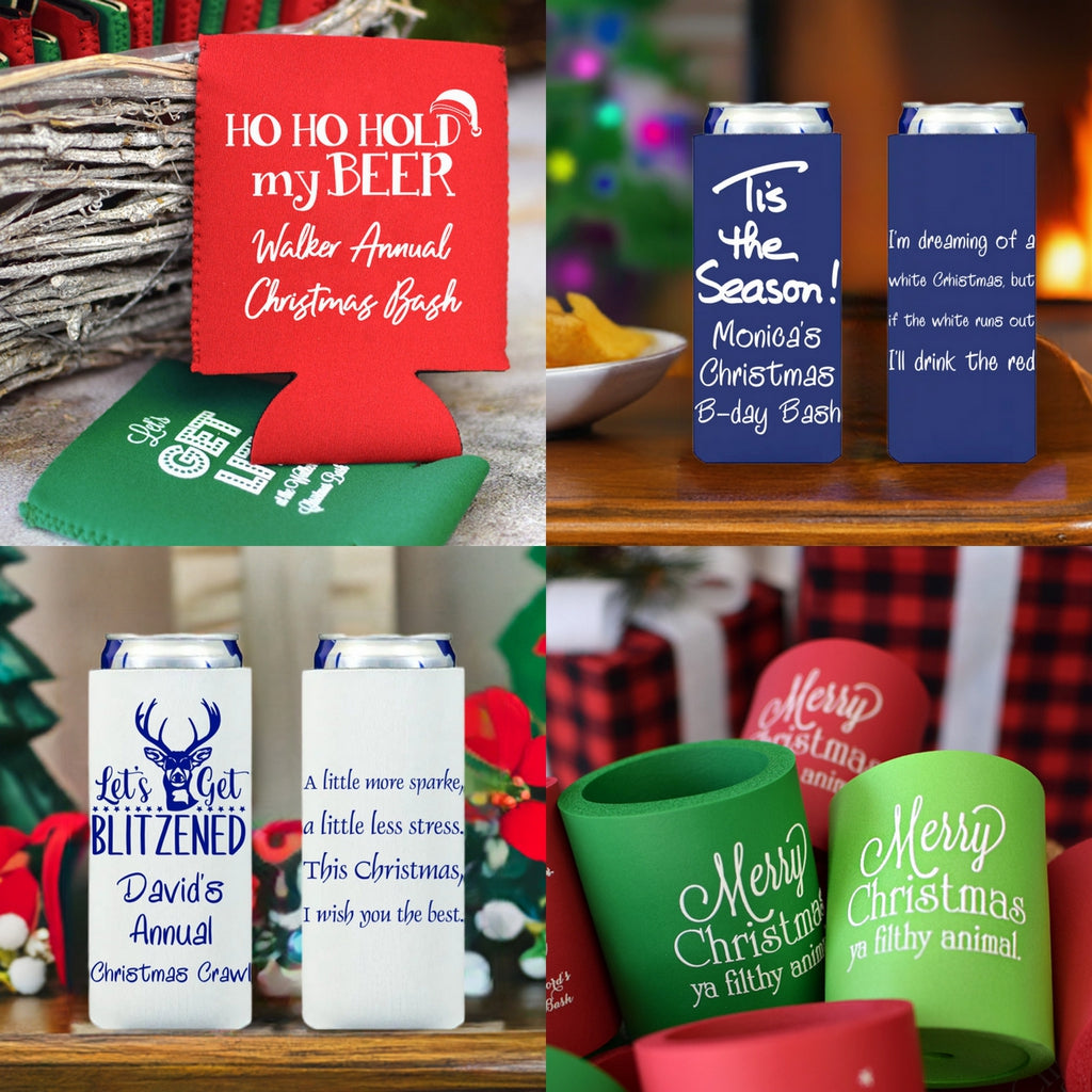 Custom Personalized Christmas Party Can Cooler Favors in festive colors for holiday gatherings and celebrations