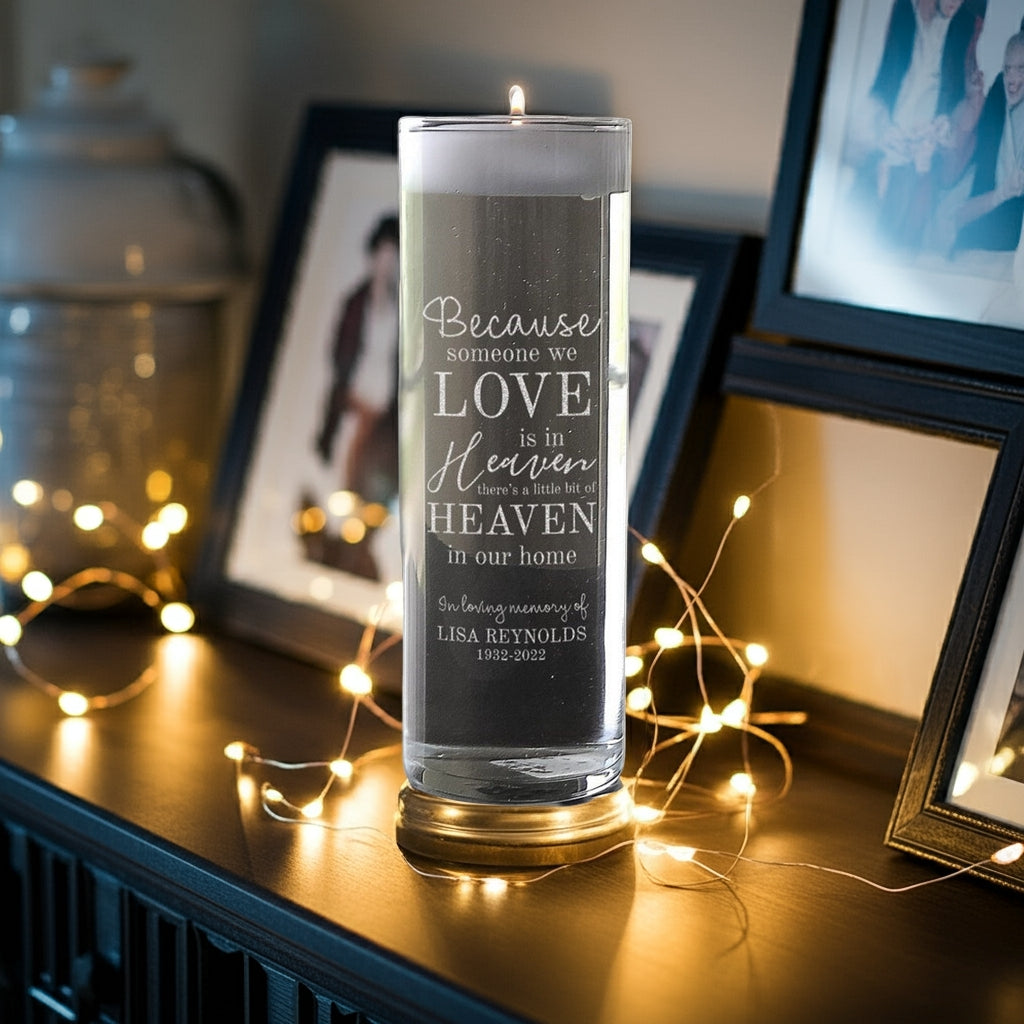Personalized memorial candle vases and in loving memory candles with custom engraved tribute and soft lighting