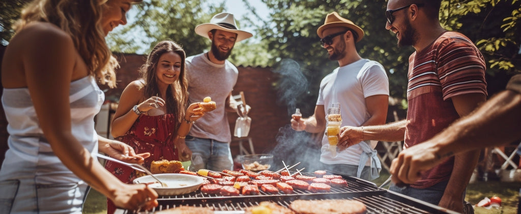 Friends with drinks gathered around a barbeque pit for a summer party