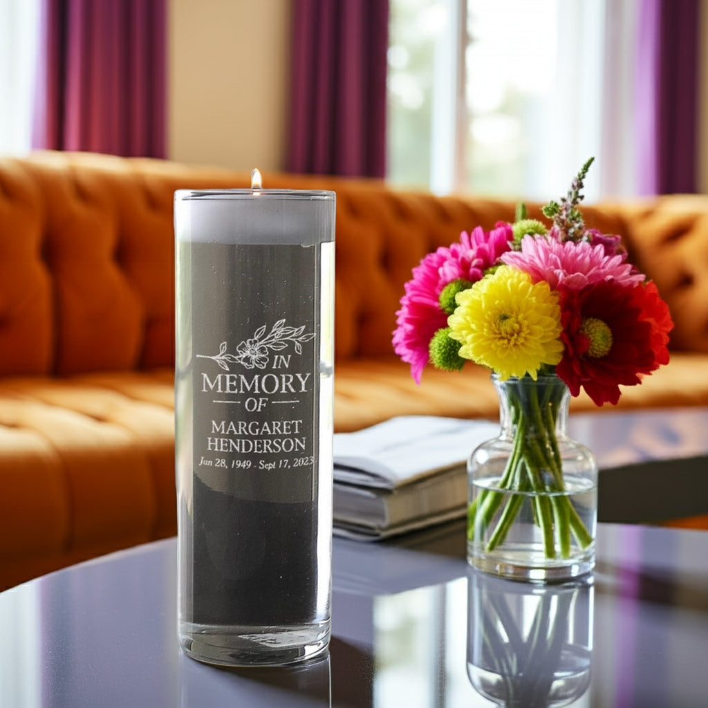 Personalized in loving memory vase gift on a table next to colorful flowers