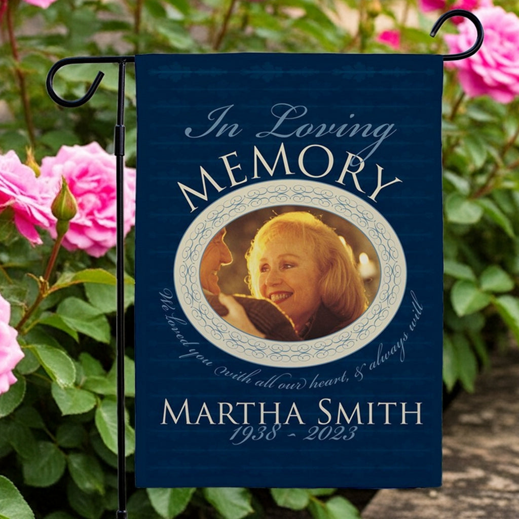 Personalized memorial garden flags featuring an in loving memory flag with photo tribute and custom text for Martha Smith