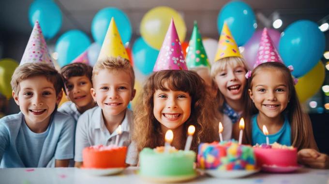 Kids wearing party hats at birthday party smiling for picture with birthday cakes