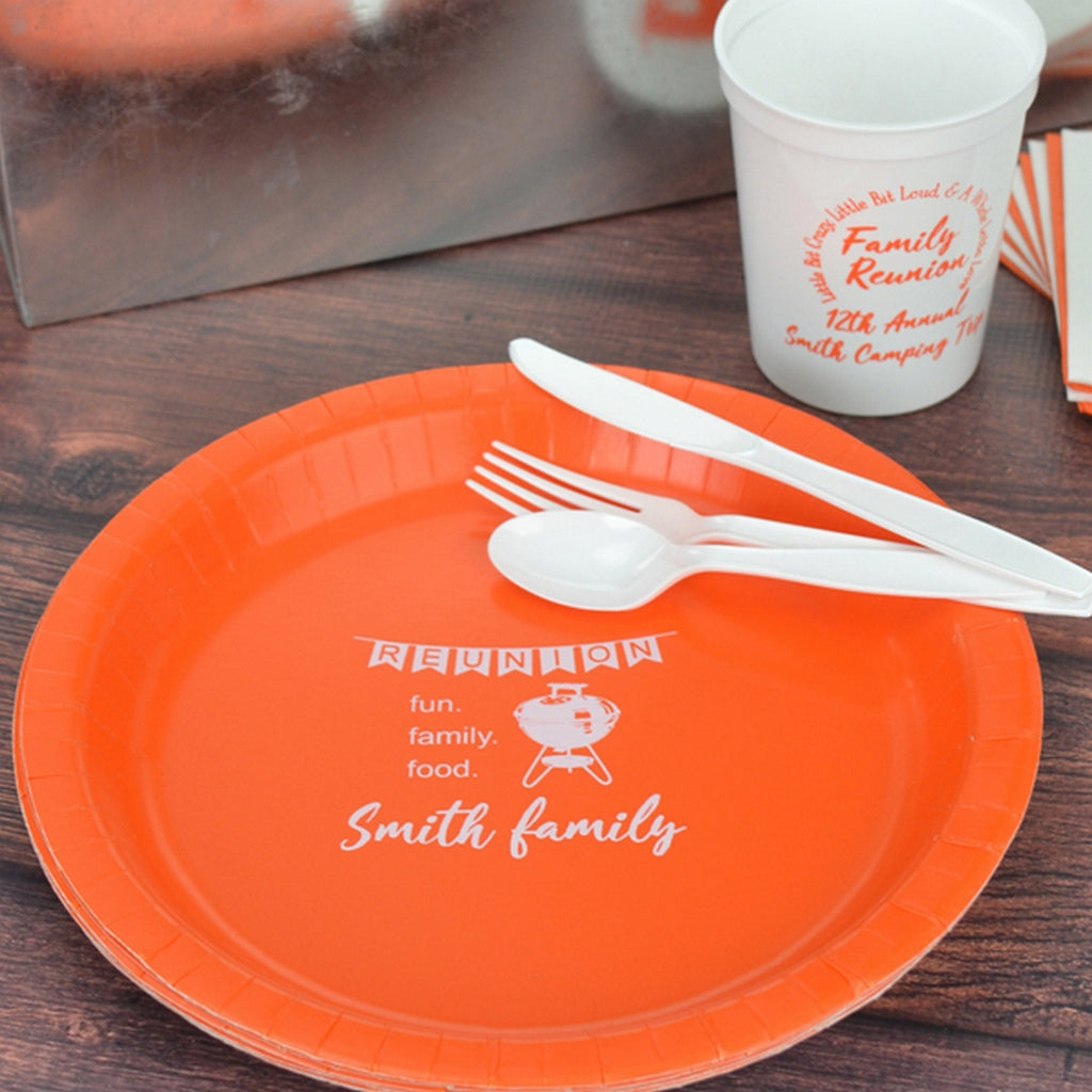 Personalized family reunion plate with plastic utensils and personalized cup